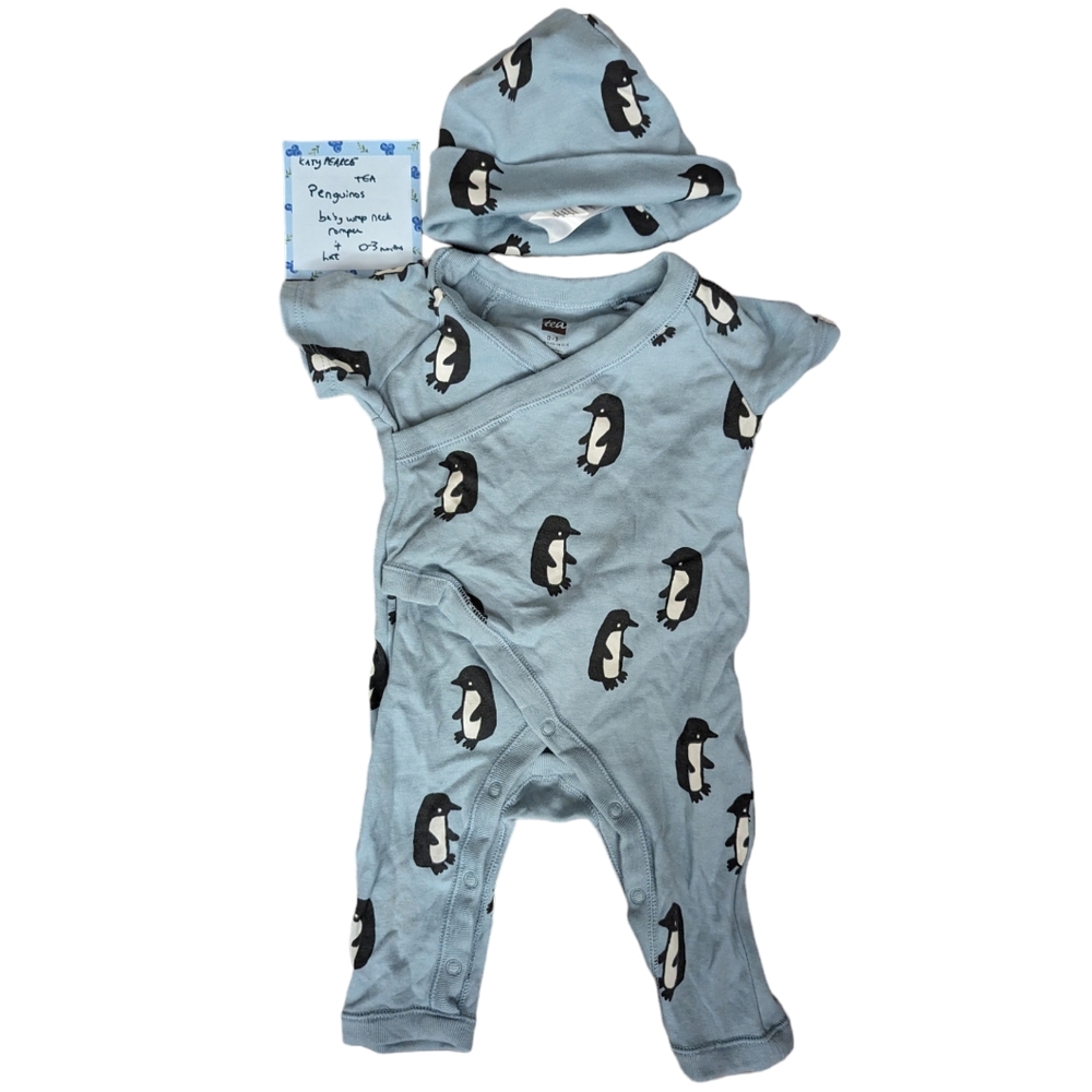 Tea Collection Baby Wrap Neck Romper & Hat Penguinos Penguins 0-3 Months